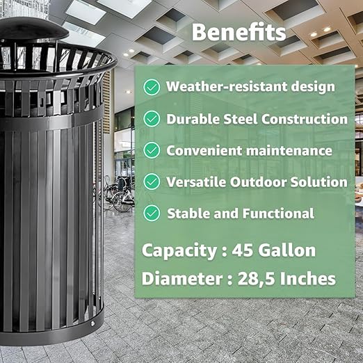 Zedfire 45 Gallon Black Waste Bin with Rain Bonnet Lid, Outdoor Heavy-Duty Commercial Trash Can Steel Slatted, Round Recycle Container, Durable Garbage Can for Parks, Municipalities, Parking, Schools