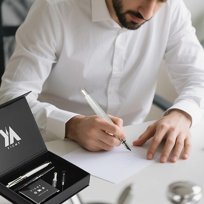 YICMY Fancy Fountain Pen Set – Fine & Medium Nibs, Includes 18 Ink Cartridges, Ink Converter, Syringe Filler, Luxury Gift for Writing, Journaling & Calligraphy，Silvery