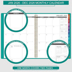 2026 Monthly Planner - Jan 2026 - Dec 2026, 12 Months Calendar/Planner with Faux Leather, 8.86" x 11.4", 15 Notes Pages, Strong Twin - Wire Binding, Pocket, Monthly Tabs, Perfect Organizer- Green