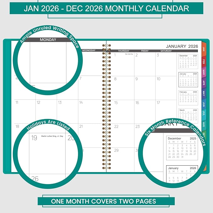 2026 Monthly Planner - Jan 2026 - Dec 2026, 12 Months Calendar/Planner with Faux Leather, 8.86" x 11.4", 15 Notes Pages, Strong Twin - Wire Binding, Pocket, Monthly Tabs, Perfect Organizer- Green