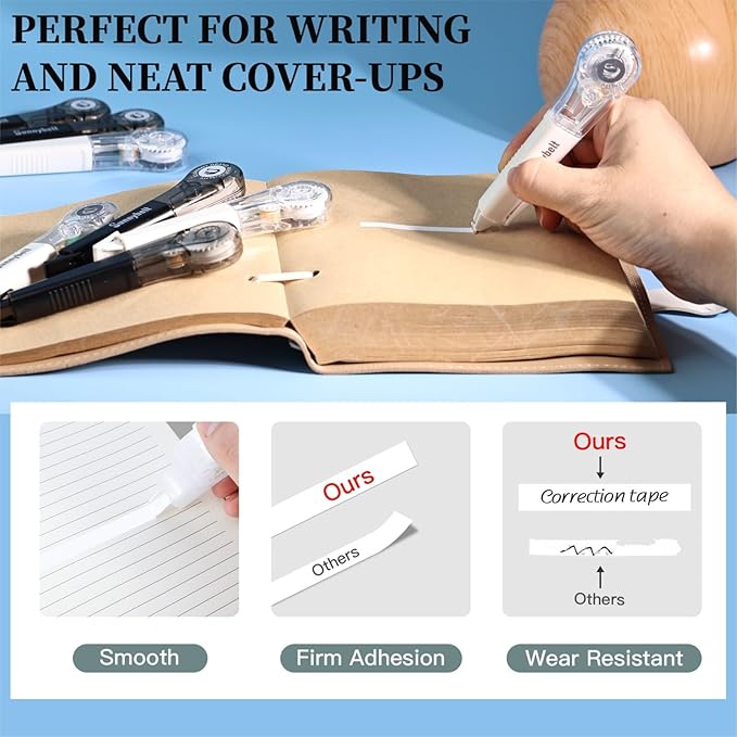 WISOPTUS 19.69ft Correction Tape Pen, 10-Count Pack, Dry Instantly, Stretch Resistant, not Easy to Break, as Smooth as Writing, Perfect for School, Office Supplies, Black White