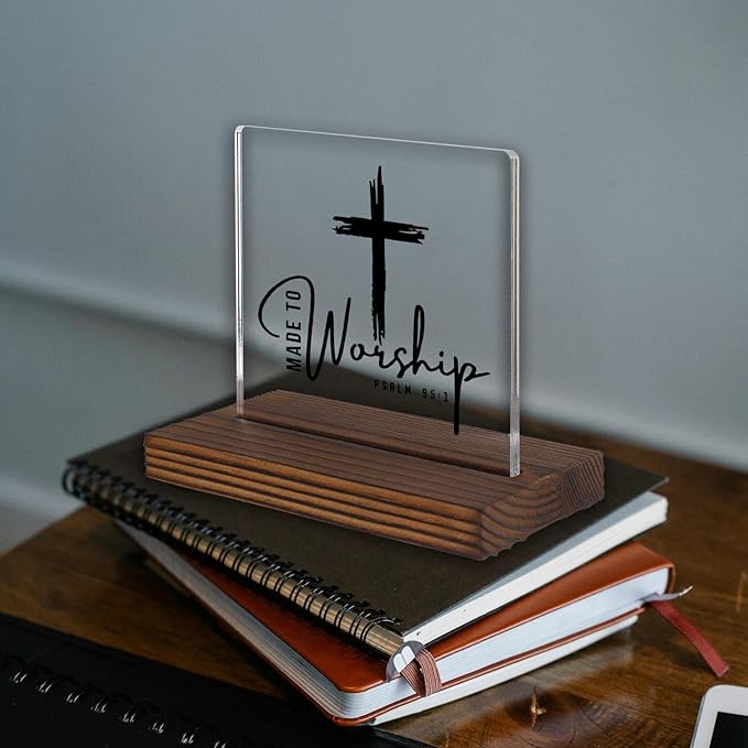 Made to Worship Acrylic Desk Sign with Psalm 95:1, Christian Gift for Worship Leaders and Musicians, Wood Base Religious Decor for Office, Church, Home PA128