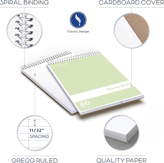 Alitte Steno Pads Spiral 6x9-24 Pack Pastel Colors - Perfect for Work, School, and Home Use, Easy Tear-Off Pages, Gregg ruled, White Paper - No Ink Bleeds - 80 Sheets
