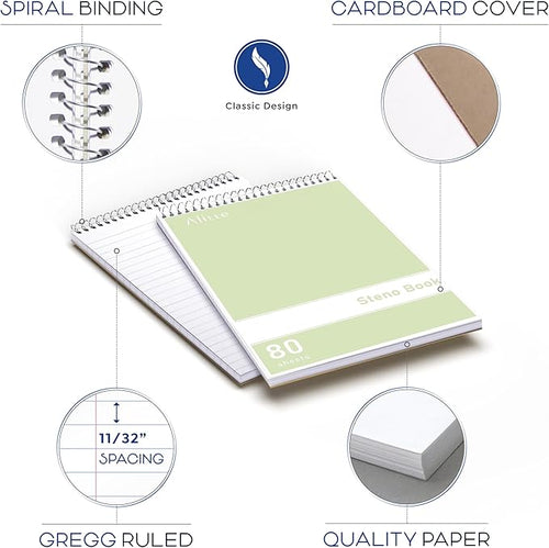 Alitte Steno Pads Spiral 6x9-12 Pack Pastel Colors - Perfect for Work, School, and Home Use, Easy Tear-Off Pages, Gregg ruled, White Paper - No Ink Bleeds - 80 Sheets