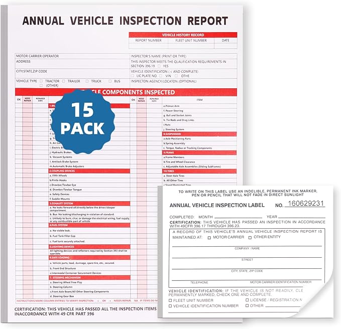 15-Pack Annual Vehicle Inspection Report Form, 3-Ply Carbonless Form and Hardboard, Includes 15-Pk 2-Ply FMCSA Vinyl Adhesive Label for Annual Inspections, DOT Compliant