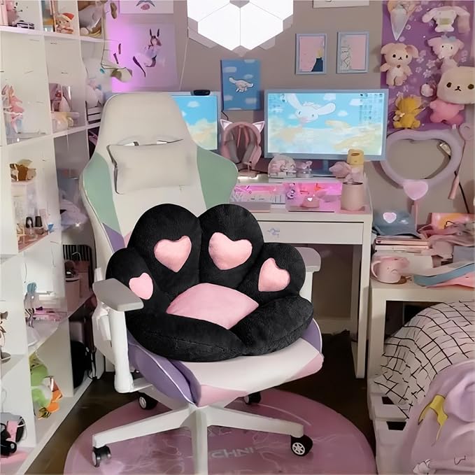 Ditucu Cat Paw Cushion Kawaii Chair Cushions 27.5 x 23.6 inch Cute Stuff Heart-Shaped Seat Pad Comfy Lazy Sofa Office Floor Pillow for Gaming Chairs Room Decor Black