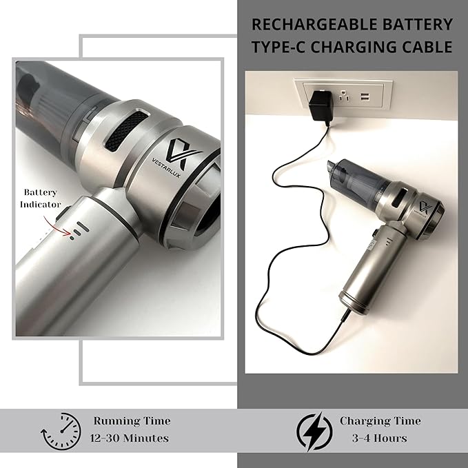 Handheld Car Vacuum Cleaner Cordless Powerful 25000PA Strong Suction Blowing AirDuster Brushless Motor 3Speeds Mini Portable Rechargeable Lightweight 4in1Vacuum Blower Car Home Office Vehicle Pet Hair