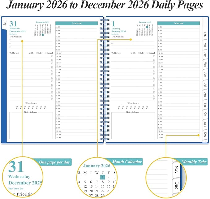 Daily Planner 2026 Full Page Per Day- 2026 Daily & Monthly Planner from January 2026 to December 2026, Day Planner 2026 with 12 Months Tabs, 8.5" x 11", Blue