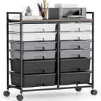 Rolling Storage Cart with 12 Drawers, Wooden Tabletop Utility Cart for Craft Storage, Art Supply Storage & Home Office Organization, Teacher Cart with Wheels for Classroom Organization, School (Grey)