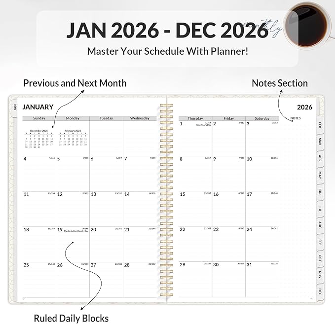 SUNEE 2026 Planner, Weekly and Monthly Calendar Planner, January 2026-December 2026, Daily Agenda with Tabs, Note Pages, Spiral Binding, 8.5"x11", Gray Blue