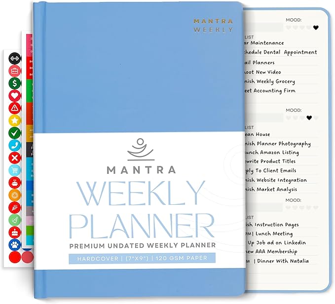 Mantra Planner 2026 Planner, Daily Journal & Gratitude Journal All-In-One with To Do List, Self Care Prompts & Habit Tracker - 7 x 10 - Blue