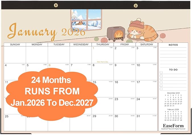 EaseForm 24 Month Desk Calendar 2026-2027, Runs from January 2026 to December 2027, Large 17"x12" Desktop/Wall Monthly Calendar, 2 Year Academic Calendar with Note & To Do for Home, School or office