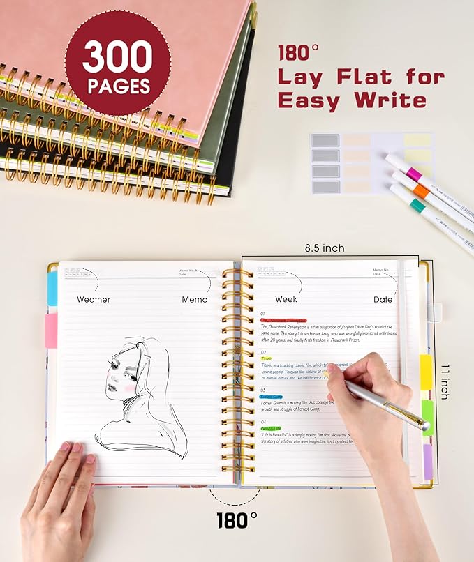 Hardcover Spiral Notebook 8.5"x11" Journal with Removable Dividers Tabs, 300 Pages Leather 5 Subject Notebook College Ruled, Large A4 Notebooks for Work School, Journal for Women, A4 Flower white
