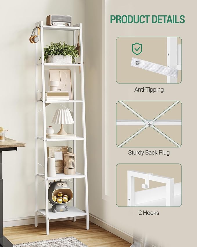Hzuaneri Ladder Shelf, Bookshelf Bookcase, Freestanding Corner Storage Shelve with 2 Hooks for Home Office, Living Room, Kitchen, Bedroom, Industrial, 6-Tier White BC13313W