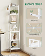 Hzuaneri Ladder Shelf, Bookshelf Bookcase, Freestanding Corner Storage Shelve with 2 Hooks for Home Office, Living Room, Kitchen, Bedroom, Industrial, 6-Tier White BC13313W