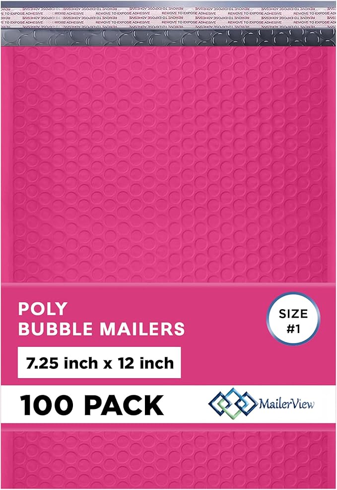 Hot Pink Poly Bubble Mailers 7.25x12 inch #1 | Self Seal Padded Envelopes | Cushioned Bubble Mailer | Usable Size 7.25x11 | WaterProof | Lightweight mailing Shipping Bags | 100 Pack Bulk