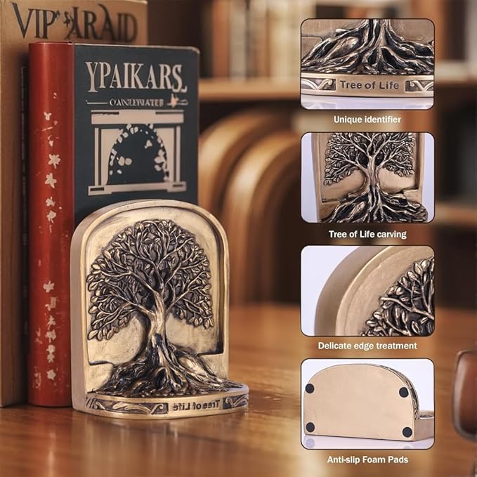 Resin Tree of Life Bookends Set, 2Pcs Decorative Non-Skid Book Ends for Heavy Books, Shelves, Bookcase or Desk - Antique Bronze Color Home Décor Gift, Library and Office Decor