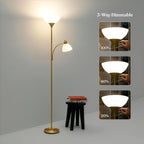 Brightech Sky Dome Plus LED Floor lamp, Torchiere Super Bright Floor Lamp with Reading Lamp for Living Rooms & Offices - Dimmable Tall Standing Lamp for Bedroom Reading - Gold Brass