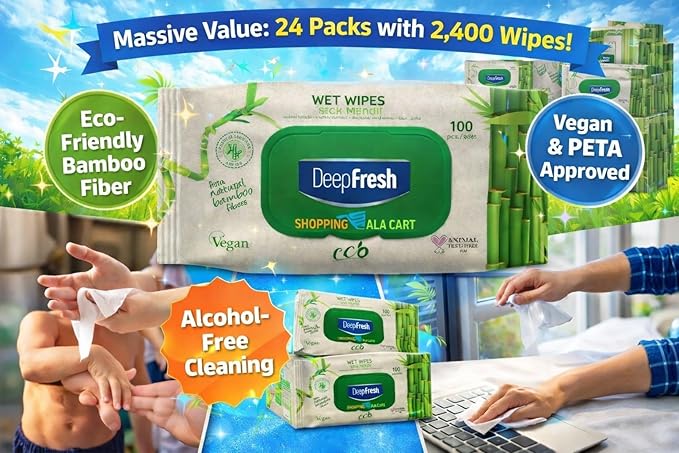 Shopping Ala Cart DeepFresh All-Purpose Surface Cleaning Wipes — 24-Pack Case (2,400 Total Wipes) — Bamboo Fiber, Durable & Lint-Free, Bleach-Free, Pop-Top Lid, Vegan