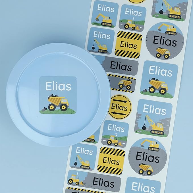 Large Name Labels for Kids (33) - Custom Stickers for Daycare and School Supplies - Durable, Waterproof Stickers for Water Bottles, Lunch Boxes, and More with Unique Designs - Constructions