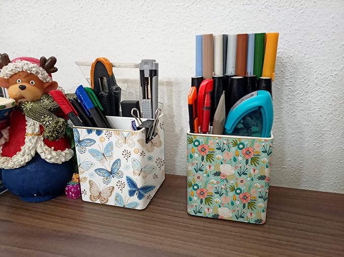 LEAZUL Pen Pencil Holder, Makeup Brush Holder,Ceramic Remote Control Holders Organizer with 2 Compartment Floral Multi-functional Office Organizers Storage Caddy Desk Tv Remote Holders Shiny Butterfly