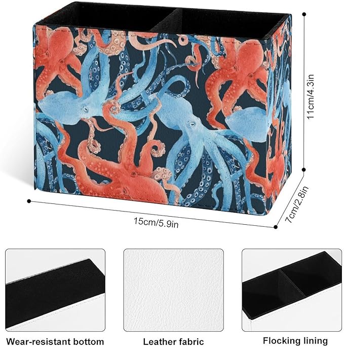 Famame Blue Red Octopus Pattern Pencil Holder for Desk, Leather Desktop Container Pen Cup Storage Study Table Pen Organizer Makeup Brushes Holder for Office Home