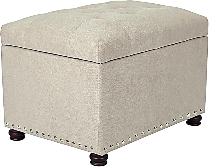 Decent Home 24" Storage Ottoman, Fabric Ottoman Foot Rest Stool with Hinged Lid, Tufted Rectangle Upholstered Footstool, Load Up to 350 lb, for Living Room, Bedroom, Dorm, Beige