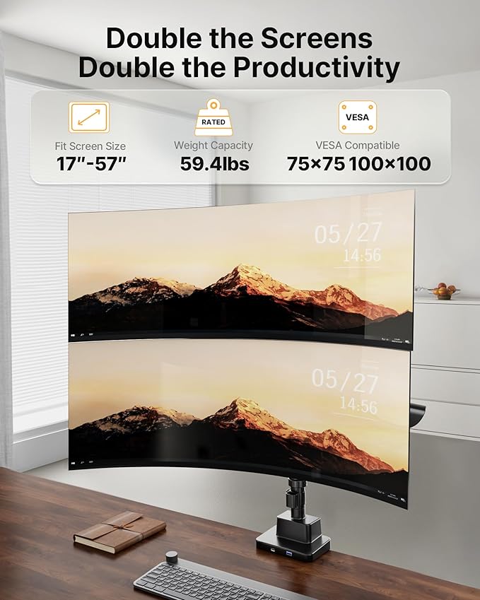 monTEK Sleek Aluminum Monitor Arm for 17–57” Ultrawide Screens up to 59.4 lbs, USB 3.0 A/C, Heavy Duty Dual Monitor Arm Desk Mount, Pneumatic Lift, Quick-Release Plate, Clamp/Grommet, Max VESA 100x100