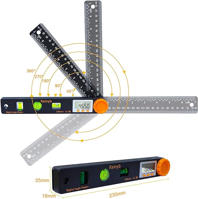 Rainyb Digital Angle Finder Tool 7inch 0-360 degree LED Digital Protractor with Horizontal Vertical Bubble Levels and Ruler Meter Accurate Tools for Carpenters,Woodworkers,Fabricators