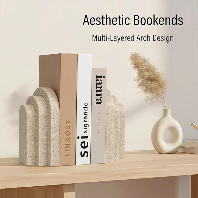 LIN CHUAN Heavy Duty Bookends for Shelves, 6.6 LBS Heavy Book Ends for Heavy Books, Decorative Modern Bookends with Faux Sandstone Look, Layered Arch Book Stopper for Bookshelf Holder Set of 2, Beige