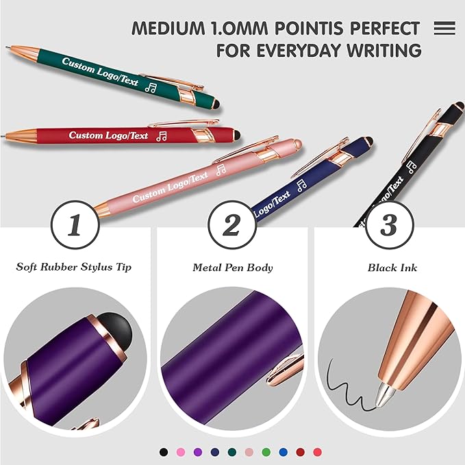 CRME Bulk Custom Personalized Pens with Business Logo Retractable Ballpoint Pen with Stylus tip Smooth Writing Black Ink for School Supplies Teacher Supplies Desk Accessories School Birthday,Purple