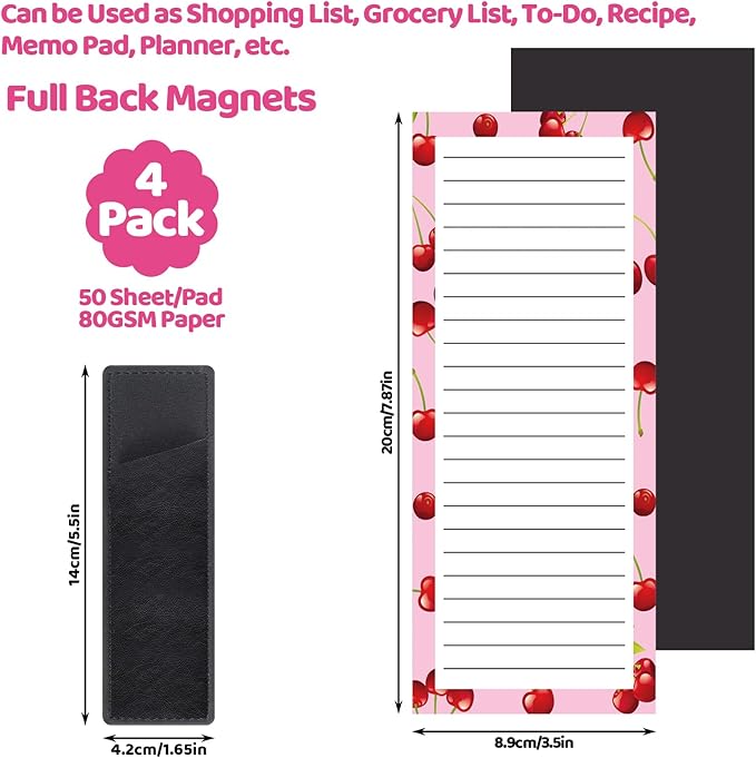 Thboxes 4 Pack Magnetic Note Pad for Fridge, Totally 200 Sheets Grocery List Magnet Pad for Refrigerator Magnetic Shopping List Pad with Pen Holder（Fruit Design）