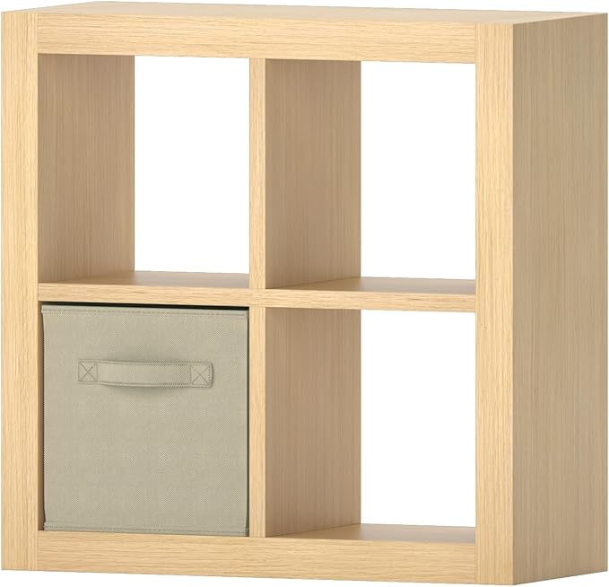 furtble Bookshelf with Storage Bin, 4-Cube Storage Organizer, Modern Wood Open Bookcase, Multifunctional Display Shelf for Living Room, Bedroom, Home Office, Oak