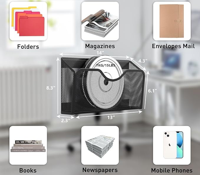JANE EYRE Magnetic File Holder - 3PCS File Paper Mail Organizer No Drilling Magazine Paper Document Holder/Magnetic Hanging File Organizer for File Cabinets, Office, Whiteboard, BLACK