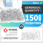150 PCS Clear Push Pins Tacks Count in Reusable Box for Bulletin Boards and Wall Displays Heavy Duty Plastic Head