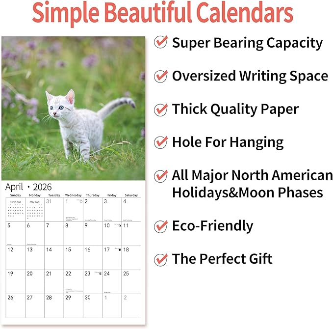 2026 Wall Calendar,Calendar 2026, November 2025 - December 2026, Wall Calendar Kittens, 12" x 24" Opened,Full Page Months Thick & Sturdy Paper for Gift Perfect Calendar Organizing & Planning