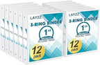 3 Ring Binder, LAYZZ 12 Pack 1 Inch Binders 3 Ring with 2 Pockets, Round Ring Binders, Clear Cover Binders for Letter Size 8.5"x11" Paper, PVC Free, Suitable for School Home and Office (White)