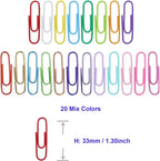 AOKIVIGOA 500pcs Coloured Paper Clips with Plastic Box of Paper Clips for Office Stationery 33mm 20 Colors Multicoloured I