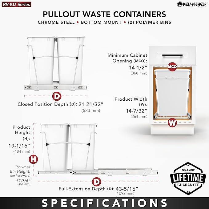 Rev-A-Shelf Double Pullout Trash Can for Kitchen Cabinets 35 Qt Garbage Recycling Bin on Full-Extension Slides, Silver, RV-18KD-17C S
