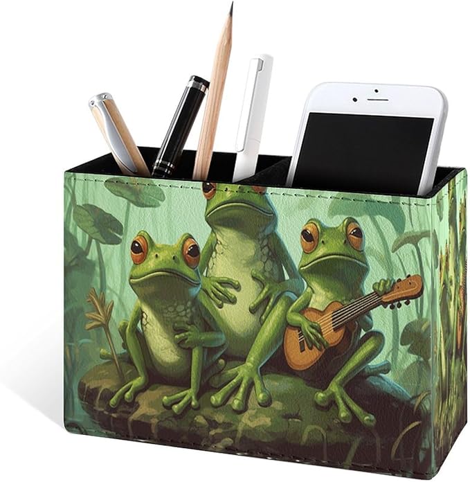 Famame Cute Funny Frog Music Team Pencil Holder for Desk, Leather Desktop Container Pen Cup Storage Study Table Pen Organizer Makeup Brush Holder for Classroom Office Home