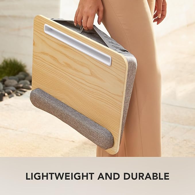 HUANUO Lap Laptop Desk - Portable Lap Desk with Pillow Cushion, Fits up to 15.6 inch Laptop, with Anti-Slip Strip & Storage Function for Home Office Students Use as Computer Laptop Stand - Light Wood