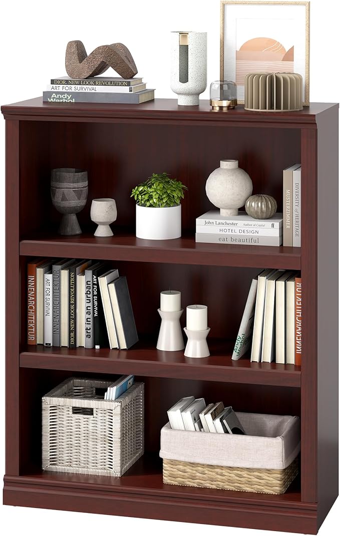 blini 3-Shelf Bookcase Wooden Bookshelves 33in Wide Floor Standing Display Storage Shelves Mahogany Bookcase for Home Office, Living Room, Bed Room