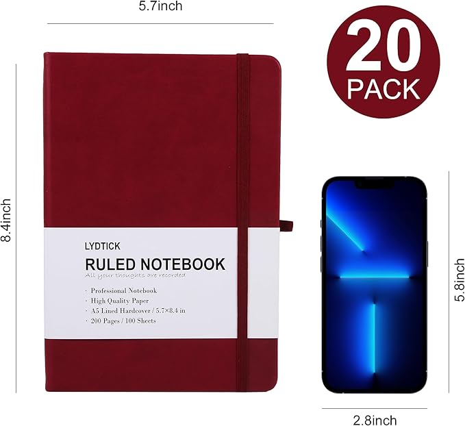 LYDTICK 20 Pack Journals for Writing College Ruled Notebooks Journal in Bulk, Hardcover Notebooks (200Pages) for Note Talking, Lined Bullet Journals for Home School Office, 5.7"x8.4", Red