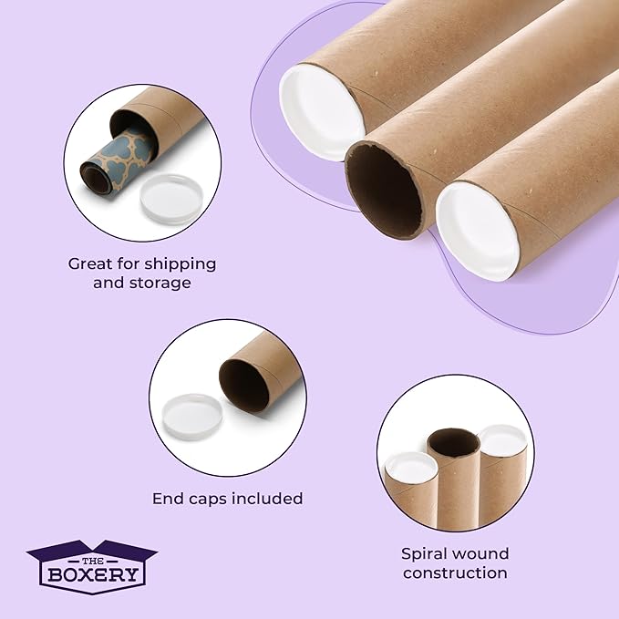 The Boxery Brown/Kraft Shipping, Storage, Posters, Arts, Crafts, Documents, Mailing Tubes 2 inch x 30 inch - 50 PACK, Made in the USA, Reusable and Recyclable