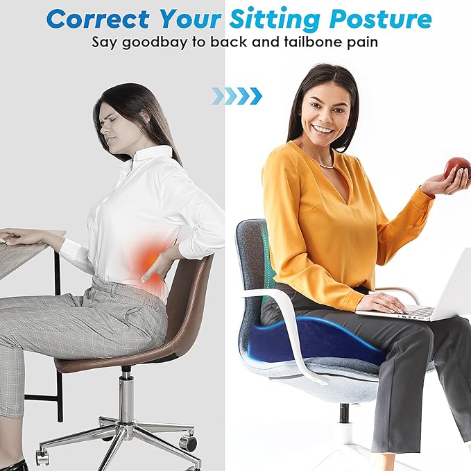 CushyOasis Seat Cushion, Gel Chair Cushions, Office Chair Cushions, Anti-Slip Bottom & Removable Cover Tailbone Pain Relief Cushion, Memory Foam Seat Cushion, 5.28 in Thick (Blue)