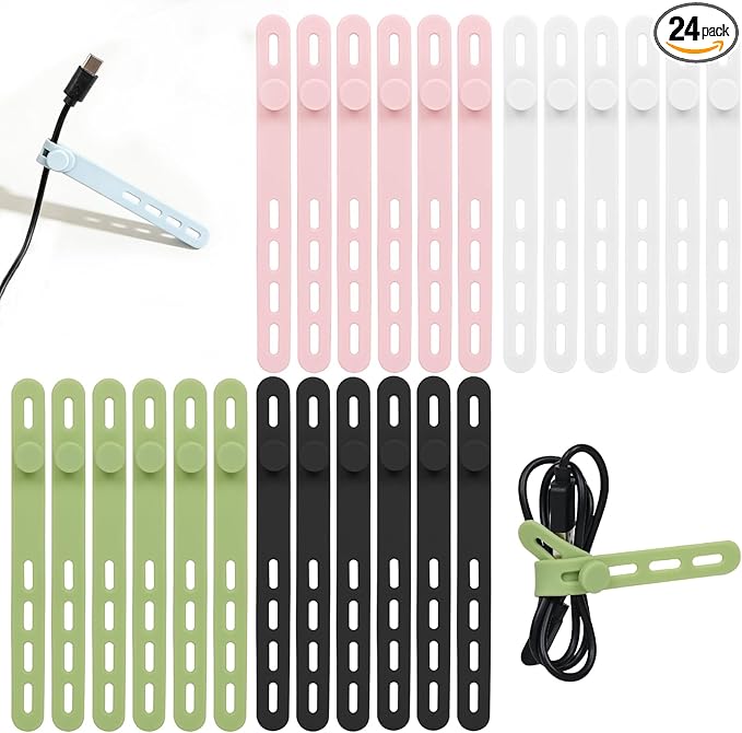Donruby 24Pcs Silicone Cable Ties - Reusable & Washable with Locking Buckles, Adjustable Fastening Cable Management Straps, Multi-Purpose High Elasticity Cord Organizer (4 Colors)