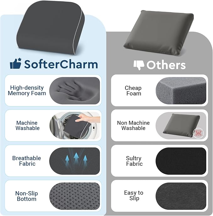 SofterCharm Seat Cushion, Memory Foam Office Chair Cushions for Long Sitting Hours, Chair Pad for Sciatica, Coccyx, Tailbone, Hip Pain & Pressure Relief, Office, Home, Car Seats, Airplane, Gray/Large