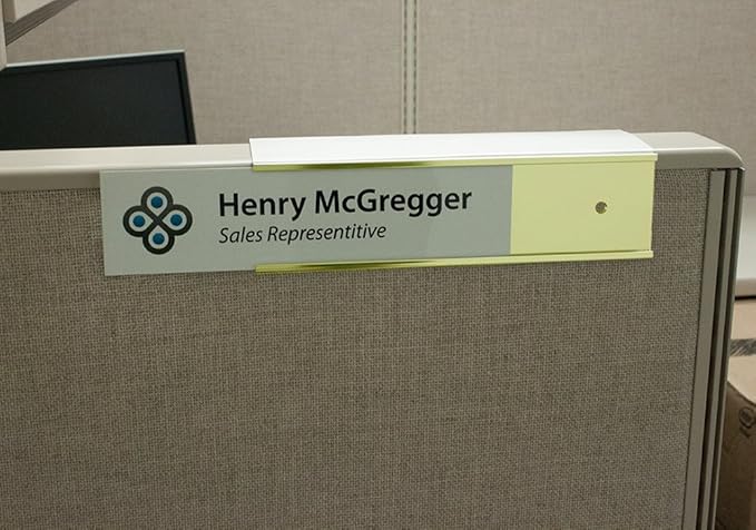 Quality Aluminum, Changeable Cubicle Nameplate Holder, Satin Silver Base, and Polished Yellow Gold Name Plate Holder, Guaranteed Not to Crack (2" Depth)