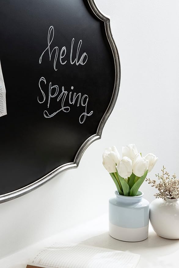 Kate and Laurel Leanna Decorative Scalloped Metal Chalkboard; 24 x 36; Silver; Framed Rounded Oval Vintage Chalkboard for Unique Display; Organization; and Decor