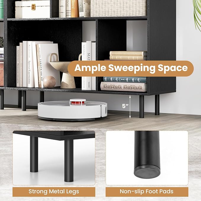 Tangkula 4 Cubby Open Bookcase, 3-Tier Freestanding Bookshelf with Detachable Metal Legs, Anti-toppling Device, Anti-Falling Baffles, Modern Cubicle Display Shelf (1,Black)